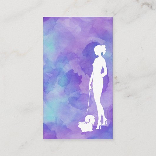 ドッグウォーカーのシルエットの水彩画紫色ペット付き添い 名刺 (裏面)