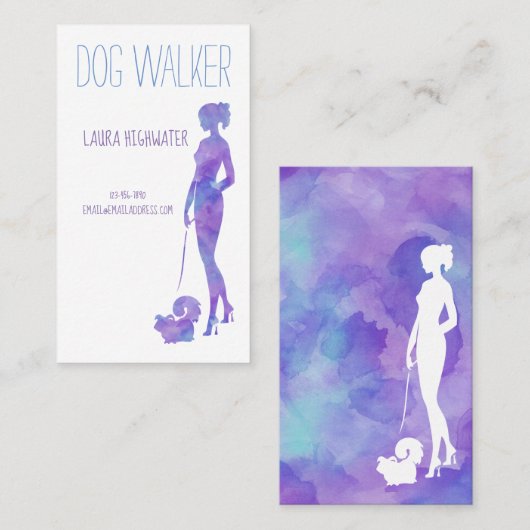 ドッグウォーカーのシルエットの水彩画紫色ペット付き添い 名刺 (正面/裏面)