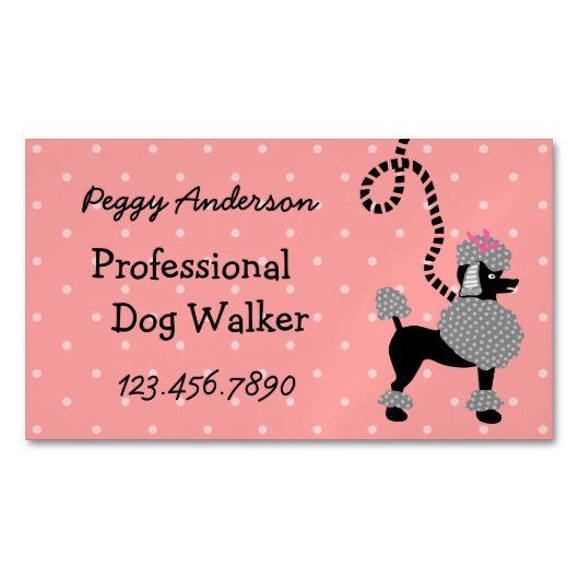 ドッグウォーカーのプードルのレトロのモダン50sペット歩く マグネット名刺 (正面)