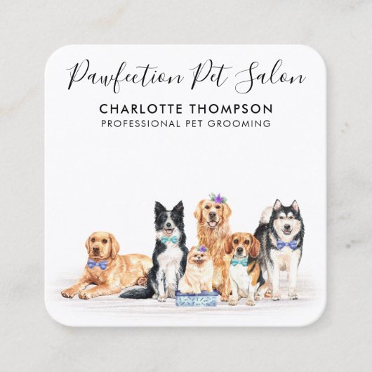 ドッグウォーカーペットシッタートリマープロフェッショナルQRコード スクエア名刺 (正面)