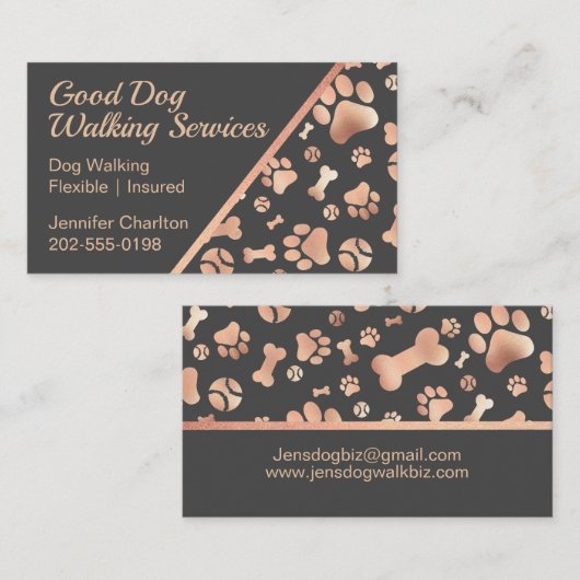 ドッグウォーカーペットシッターポー印刷バラ金ゴールド 名刺 (正面/裏面)