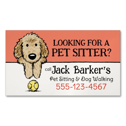 ドッグウォーカーペットシッター可愛いドードルドッグ付きボール マグネット名刺 (正面)