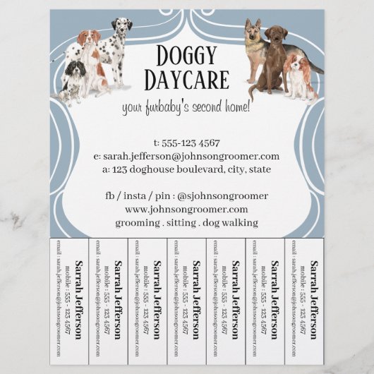 ドッグウォーカーペットシッター水の色ほこりっぽいブルー チラシ (正面)