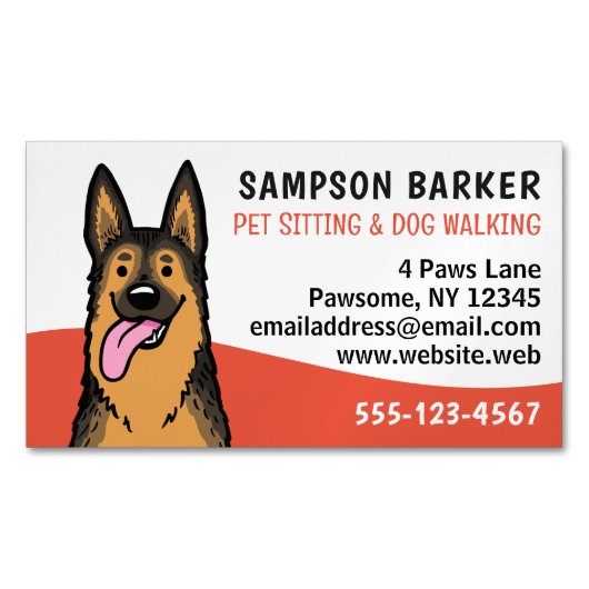 ドッグウォーカーペット座っているドイツの羊飼い気に動物 マグネット名刺 (正面)