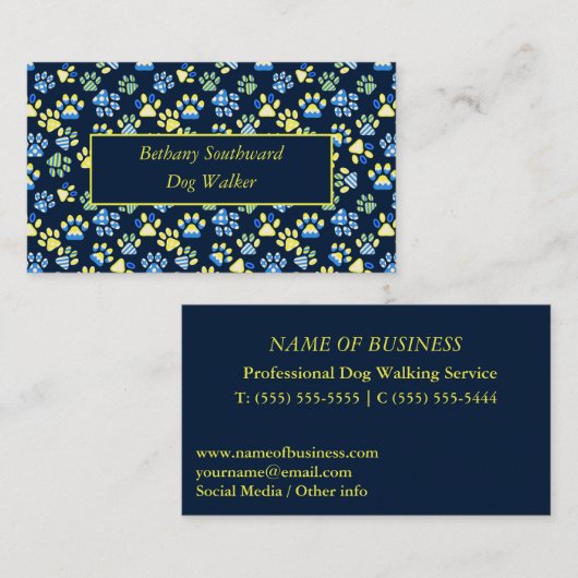 ドッグウォーカーポーズネイビーイエロービジネスカード 名刺 (正面/裏面)