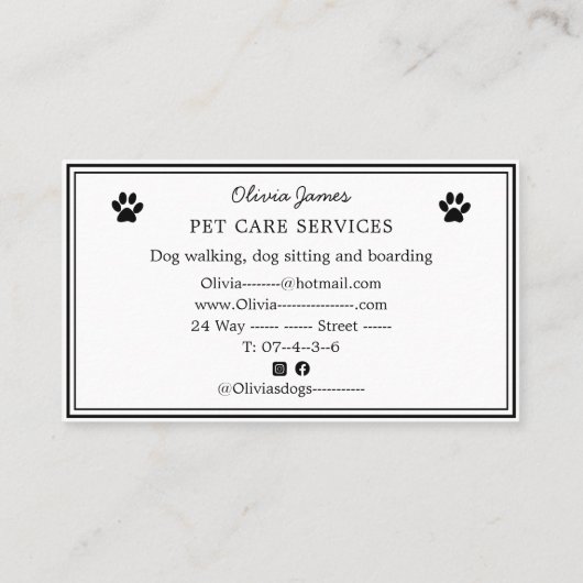 ドッグウォーカーモノクロダックスフントペットケアサービス 名刺 (裏面)