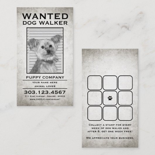 ドッグウォーカー指名手配の切手カード ロイヤリティカード (正面/裏面)