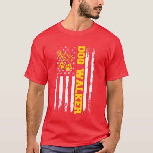 ドッグウォーカー 犬の散歩 アメリカ国旗 愛犬家 Tシャツ (正面)