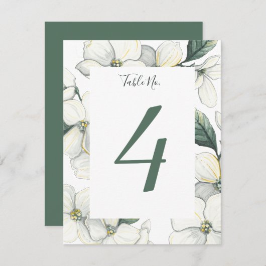 ドッグウッド開花結婚のテーブルナンバーカード 招待状 (正面/裏面)