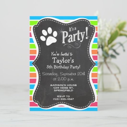 ドッグウーフネオンオレンジピンクブルーストライプグリーン 招待状 (スタンド正面)