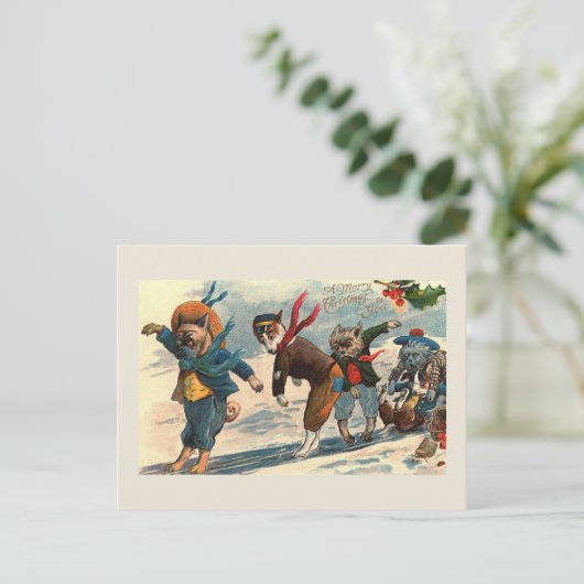 「ドッグオンアイス」ヴィンテージクリスマスポストカード シーズンポストカード (スタンド正面)
