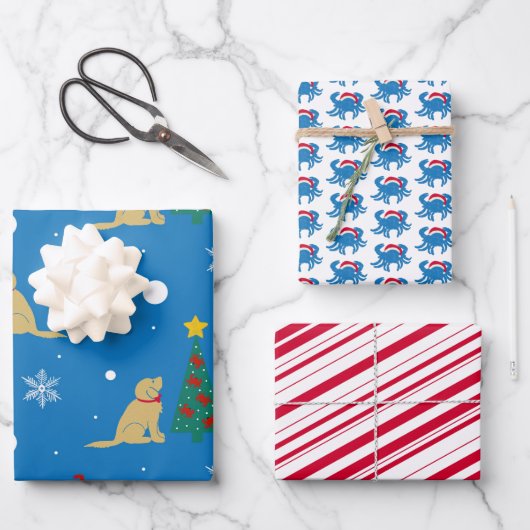 ドッグカニのクリスマスツリーのギフトラップセット3 ラッピングペーパーシート (正面)