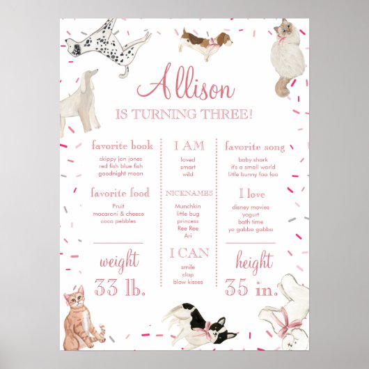 ドッグキャットポーティピンクガール誕生日マイルストーンサイン ポスター (正面)
