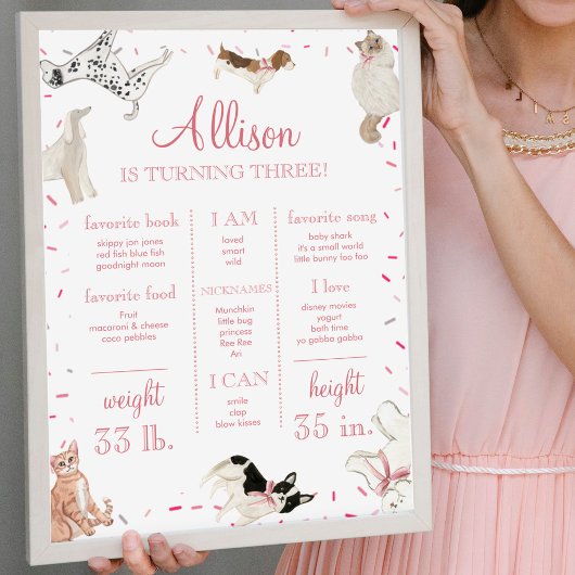 ドッグキャットポーティピンクガール誕生日マイルストーンサイン ポスター