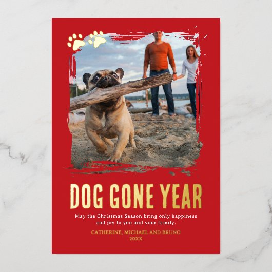 ドッグゴーイングイヤー赤い写真クリスマス 箔シーズンカード (正面)