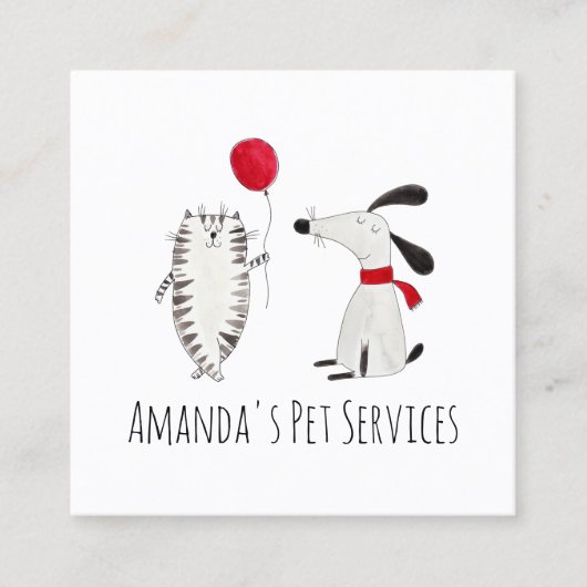 ドッグシッター猫シッターペットサービスグルーミングかわいい スクエア名刺 (正面)
