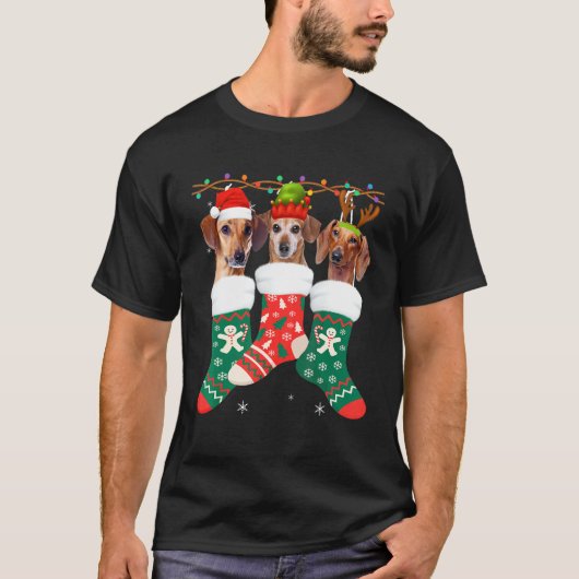 ドッグダッシュンドクリスマスソックスクリスマスパジャマペットアップ Tシャツ (正面)
