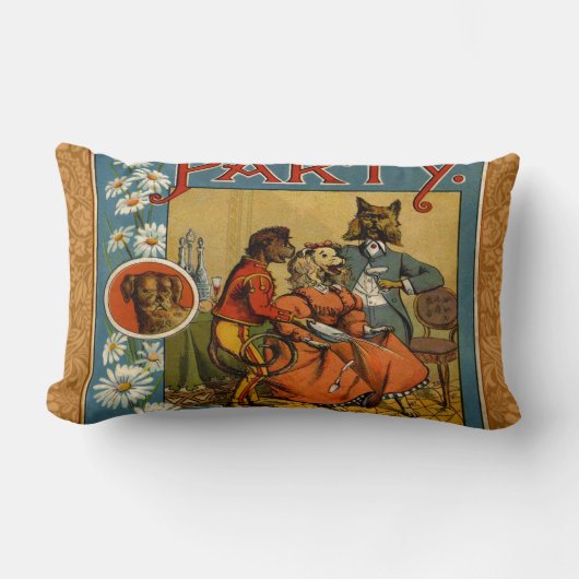 ドッグディナーパーティーヴィンテージドッグイラストレーション ランバークッション (正面)