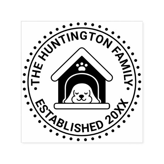 ドッグハウス内の眠る犬ファミリー名日付Estd セルフインキングスタンプ (デザイン)