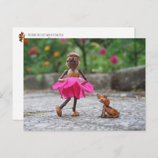 ドッグハガキ付きピンクのドレスを着たアコーンの小妖精や小人の女の子 ポストカード (正面/裏面)