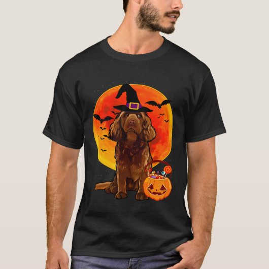 ドッグハロウィーンサセックススパニエル犬ハロウィーンのカボチャのちょうちんカボチャ Tシャツ (正面)