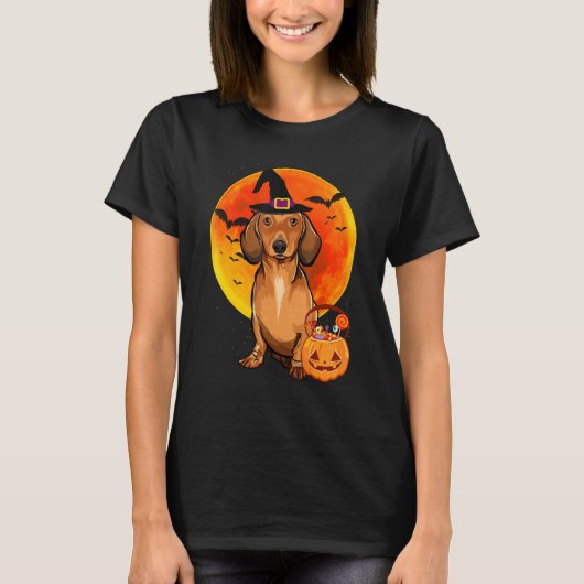 ドッグハロウィーンブラウンダックスシャントハロウィーンのカボチャのちょうちんパンプク Tシャツ (正面)