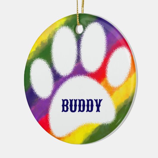 ドッグパウプリントレインボーウォーターカラー名前をカスタムする セラミックオーナメント (左)