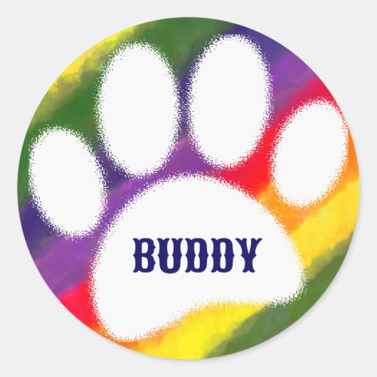 ドッグパウプリントレインボーウォーターカラー名前をカスタムする ラウンドシール (正面)