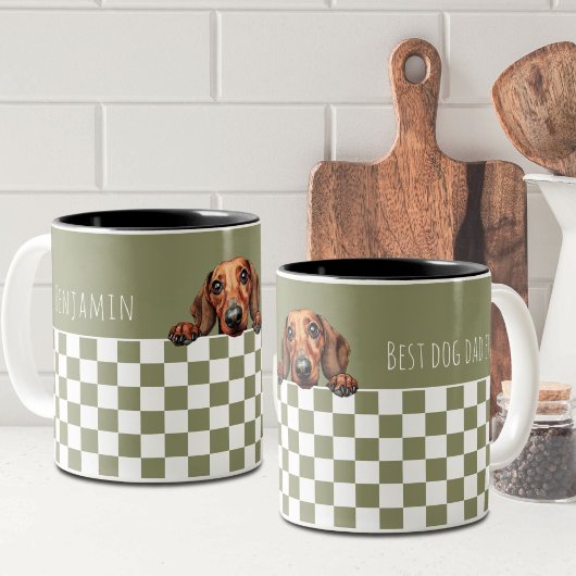 ドッグパパオリーブホワ市松模様にイトダシュントカスタム ツートーンマグカップ