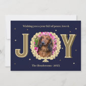 ドッグパーソナライズされたフォトブルー金ゴールドジョークリスマス シーズンカード (正面)