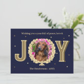 ドッグパーソナライズされたフォトブルー金ゴールドジョークリスマス シーズンカード (スタンド正面)