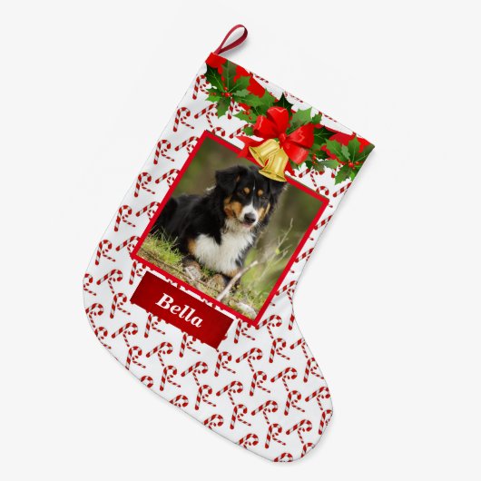 ドッグフォトキュートクリスマスストッキング名前をカスタムする ラージクリスマスストッキング (正面 (吊り時))