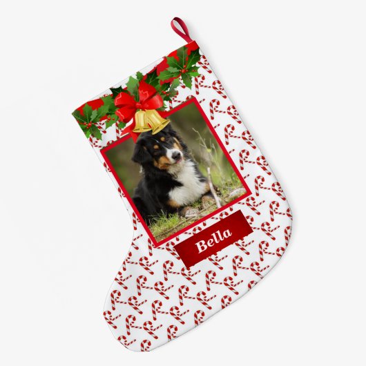 ドッグフォトキュートクリスマスストッキング名前をカスタムする ラージクリスマスストッキング (裏面 (吊り時))