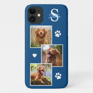 ドッグフォトコラージモノグラムブルーペット iPhone 11 ケース