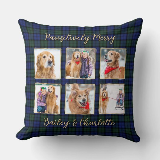 ドッグフォトコラージュ6カスタムモダンホリデープレイド クッション (正面)