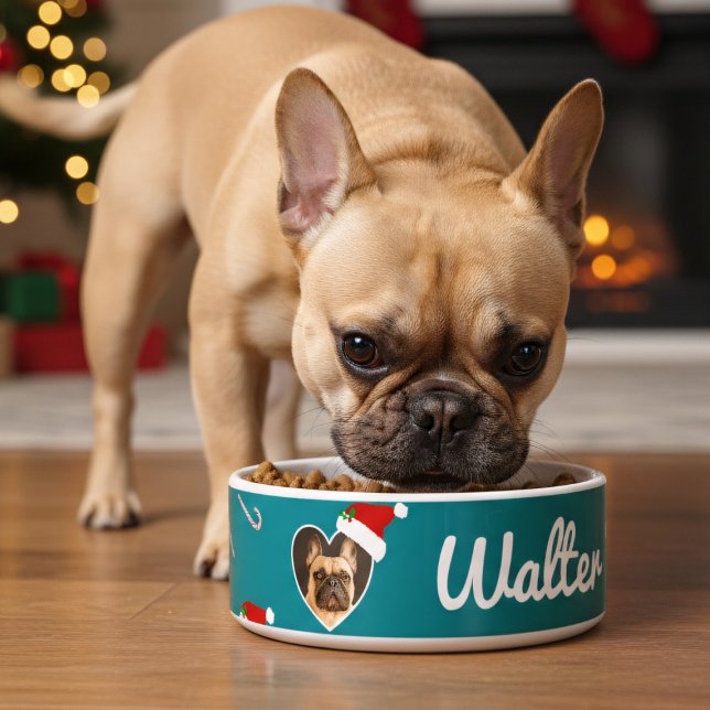 ドッグフォトサンタハットティール（緑がかった色）クリスマスホリデーペット ボウル (Just add your best friend's photo and name to this festive teal dog bowl)