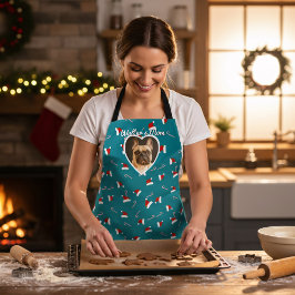 ドッグフォトティール（緑がかった色）サンタハットパターンクリスマスエプロン エプロン