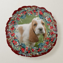 ドッグフォトペットのクリスマスかわいいクリスマスリースカスタム ラウンドクッション