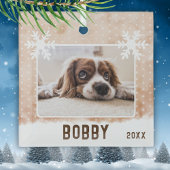 ドッグフォトペット名スノーフレーク水色クリスマス ガラスオーナメント