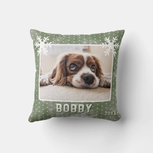 ドッグフォトペット名スノーフレーク水色クリスマス クッション (裏面)