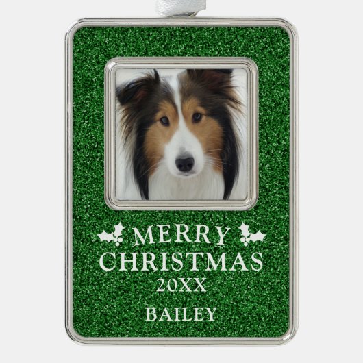 ドッグフォトメリークリスマスパーソナライズされた シルバープレートフレームオーナメント (正面)
