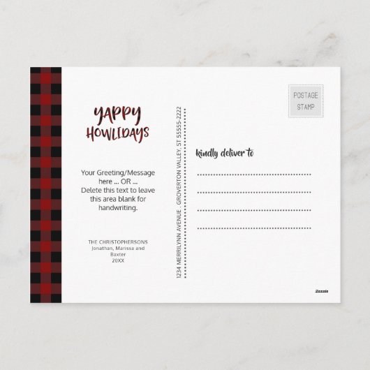 ドッグフォトレッドバッファローチェックスクリプトYAPPY HOWLIDAYS シーズンポストカード (裏面)