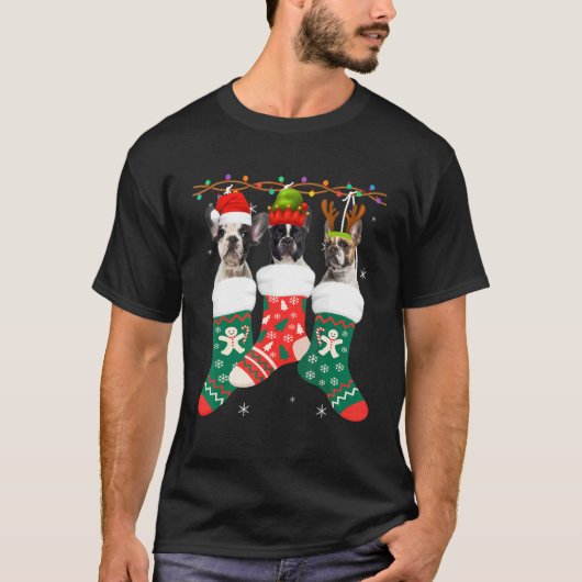 ドッグブルフランスのドッグクリスマスソックスクリスマスパジャマカップ Tシャツ (正面)