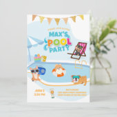 ドッグプールパーティー、ドッグポーティ誕生日ブルーオレンジ 招待状 (スタンド正面)