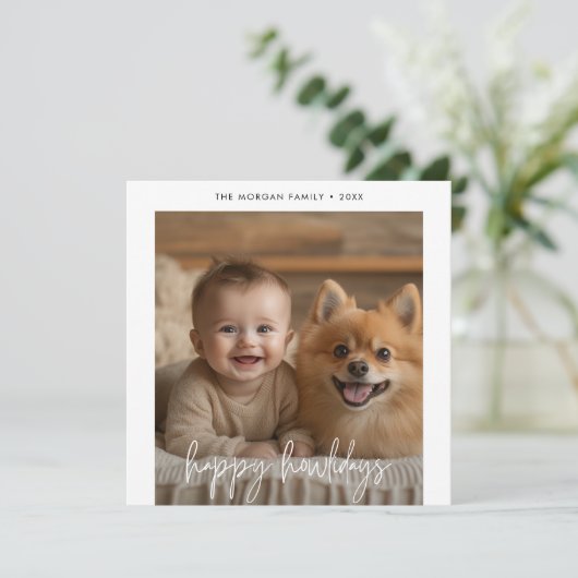 ドッグペットと子供の写真ハッピーハウリデイズクリスマス シーズンカード (スタンド正面)