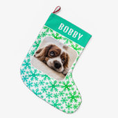 ドッグペットフォトスノーフレーク雪模様 ラージクリスマスストッキング (正面 (吊り時))