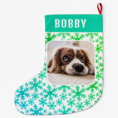 ドッグペットフォトスノーフレーク雪模様 ラージクリスマスストッキング (裏面)