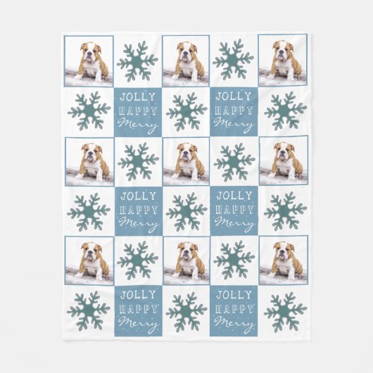 ドッグペットフォトタイポグラフィスノーフレーククリスマス フリースブランケット (正面)