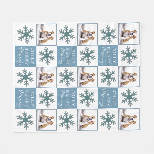 ドッグペットフォトタイポグラフィスノーフレーククリスマス フリースブランケット (正面(横))