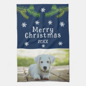 ドッグペットフォトパインスノーフレークスメリークリスマス キッチンタオル (縦)